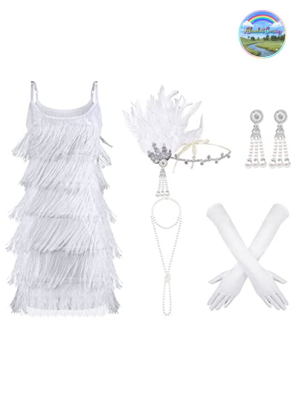 1920s Flapper Dress Costume Set Fringed Polyester Satin Gloves Necklace